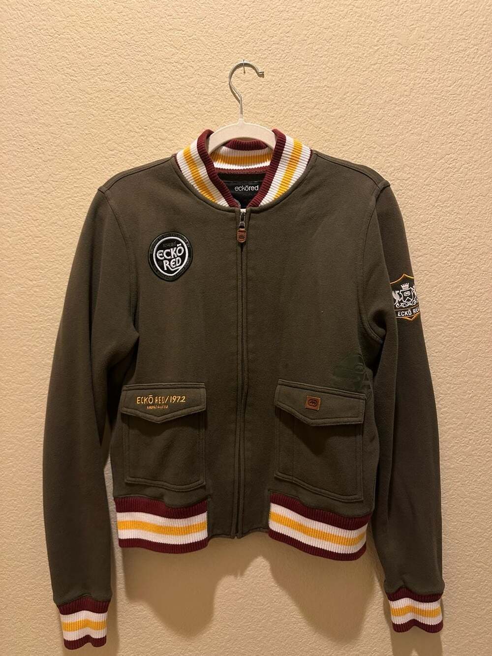 Ecko Red World Famous Rhino Brand Varsity Style Bomber Zip-Up Jacket Olive Green